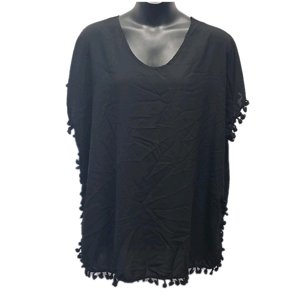 Yincra Black Pom Pom Trim Cover Up Tunic Beach Boho Resort Chic sz C